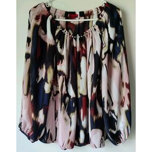 Jennifer Lopez Women's Petite Watercolor Long Sleeve Pleated Blouse Size PL‎